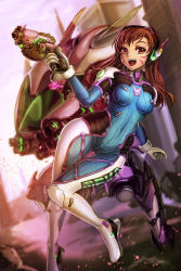 Rule 34 | 1girl, :d, acronym, animal print, arm cannon, armor, bodysuit, boots, bracer, breasts, breasts apart, brown eyes, brown hair, building, character name, charm (object), cloud, cloudy sky, covered navel, cowboy shot, d.va (overwatch), facepaint, facial mark, finger on trigger, freeze-ex, gatling gun, gloves, gluteal fold, gun, hand up, handgun, headphones, holding, holding gun, holding weapon, knee pads, leaning to the side, legs together, long hair, long sleeves, looking at viewer, mecha, medium breasts, meka (overwatch), open mouth, overwatch, overwatch 1, pauldrons, pilot suit, rabbit print, ribbed bodysuit, robot, shoulder armor, shoulder pads, skin tight, sky, smile, solo, thigh boots, thigh strap, thighhighs, turtleneck, weapon, whisker markings, white footwear, white gloves