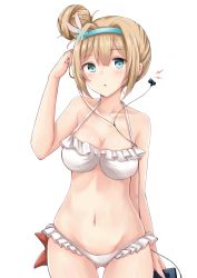 Rule 34 | 1girl, absurdres, bikini, blonde hair, blue eyes, blush, breasts, cleavage, collarbone, cowboy shot, earphones, earphones removed, girls&#039; frontline, gluteal fold, groin, hair between eyes, hair ornament, hairband, hakuya (white night), hand on own head, highres, long hair, looking at viewer, medium breasts, navel, official alternate costume, open mouth, sidelocks, snowflake hair ornament, solo, stomach, suomi (girls&#039; frontline), suomi (midsummer pixie) (girls&#039; frontline), swimsuit, thighs, transparent background, white bikini