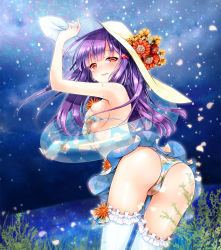 Rule 34 | 1girl, akoni (akoni11), bare shoulders, bikini, bikini skirt, breasts, crying, crying with eyes open, embarrassed, floral print, flower, from behind, from side, hat, hat flower, highres, large hat, leaning forward, long hair, looking at viewer, looking back, midriff, original, petals, purple hair, red eyes, shiny skin, skindentation, solo, swimsuit, tears, thighhighs, underboob, white hat, white thighhighs