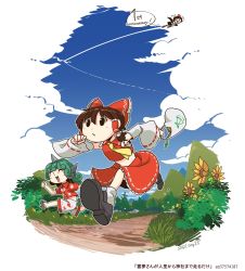 Rule 34 | 3girls, :/, ascot, bag, blue sky, bow, brown eyes, brown hair, camera, closed eyes, detached sleeves, english text, flower, flying, grass, green hair, grocery bag, hair bow, hair tubes, hakurei reimu, hat, highres, holding, holding camera, horns, komano aunn, long hair, long sleeves, midriff, multiple girls, niconico, nontraditional miko, open mouth, path, red bow, red vest, ribbon-trimmed skirt, ribbon-trimmed sleeves, ribbon trim, road, running, shameimaru aya, shopping bag, single horn, sky, spring onion, sunflower, tami (joemanyodw), tokin hat, touhou, trail, vest, wings, yellow ascot