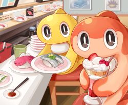 Rule 34 | absurdres, artist name, bottle, box, bright pupils, brown eyes, chopsticks, closed eyes, commentary request, conveyor belt sushi, counter, creatures (company), cup, dondozo, fish (food), food, fruit, game freak, gen 8 pokemon, highres, holding, holding plate, indoors, kotonegi 6owo6, looking at viewer, mamezara, nigirizushi, nintendo, no humans, parfait, picture frame, pincurchin, plate, pokemon, pokemon (creature), raspberry, soy sauce, soy sauce bottle, stool, strawberry, sushi, tatsugiri, tatsugiri (curly), tatsugiri (droopy), tatsugiri (stretchy), twitter username, wafer stick, white pupils, yunomi