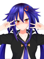 Rule 34 | 1girl, alternate eye color, ankokuboshi kurome, black shirt, blue hair, blue necktie, blush, braid, breasts, collared shirt, commentary, double v, english commentary, frown, hair between eyes, hair ornament, hairclip, hands up, happy birthday, highres, long hair, looking at viewer, medium breasts, midriff, necktie, neptune (series), nitoya, no bodystocking, open clothes, open shirt, orange eyes, red eyes, shin jigen game neptune vii, shirt, solo, twin braids, twintails, upper body, v, v over eye, very long hair