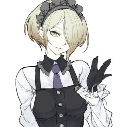 Rule 34 | 1girl, black gloves, blonde hair, danganronpa (series), danganronpa v3: killing harmony, frills, gloves, green eyes, hair over one eye, looking at viewer, maid, maid day, maid headdress, necktie, neckwear request, ngra201, parted lips, purple necktie, short hair, simple background, sketch, smile, solo, upper body, white background