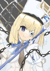 Rule 34 | -nen-, 1girl, absurdres, armor, armored gloves, azur lane, birdcage, blonde hair, blue bow, blue bowtie, blue ribbon, blunt bangs, blush, bob cut, bodystocking, bow, bowtie, breasts, cage, capelet, center opening, chain, closed mouth, cross, dress, eyepatch, gauntlets, gloves, grey background, hand up, hat, head tilt, highres, holding, holding staff, kepi, le terrible (azur lane), light blush, long sleeves, looking at viewer, medium hair, military hat, mole, mole under eye, neck ribbon, one eye covered, purple eyes, ribbon, sidelocks, simple background, sketch, small breasts, smile, solo, staff, upper body, white dress, white gloves, white hat, wings