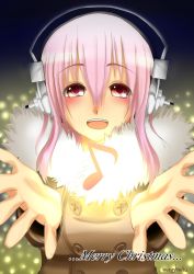 Rule 34 | 1girl, blush, breasts, female focus, headphones, large breasts, long hair, looking at viewer, merryhachi, musical note, nitroplus, open mouth, outstretched hand, pink eyes, pink hair, smile, solo, super sonico