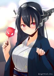Rule 34 | 10s, 1girl, agarwood, alternate costume, black hair, blurry, blush, bokeh, breasts, candy apple, closed mouth, depth of field, food, hair between eyes, haori, headgear, japanese clothes, kantai collection, kimono, large breasts, long hair, long sleeves, looking at viewer, nagato (kancolle), obi, one-hour drawing challenge, red eyes, sash, smile, solo, twitter username, upper body, wide sleeves