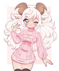 Rule 34 | 1girl, animal ears, aran sweater, artist name, blue eyes, blush, breasts, cable knit, chellyko, cleavage, cleavage cutout, clothing cutout, commentary, cowboy shot, earrings, english commentary, highres, hoop earrings, horns, jewelry, long hair, long sleeves, looking at viewer, medium breasts, meme attire, multiple earrings, nail polish, one eye closed, open-chest sweater, original, sheep ears, sheep girl, sheep horns, smile, solo, sweater, thighhighs, very long hair