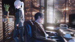 Rule 34 | 1boy, 1girl, aircraft, black jacket, black pants, blood, blood on clothes, blurry, blurry background, breasts, cigarette, city, collared shirt, corpse, cup, desk, formal, from side, grey hair, helicopter, highres, indoors, jacket, kfr, knife, light, long hair, looking at viewer, medium breasts, open clothes, open jacket, original, pants, plant, ponytail, potted plant, profile, red eyes, shirt, short hair, sitting, suit, weapon, white shirt