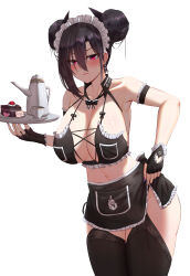 1girl agent_(girls&#039;_frontline) apron arm_strap bare_shoulders black_apron black_gloves black_hair black_thighhighs blush breasts cake cake_slice chinese_commentary cleavage closed_mouth collarbone commentary_request cowboy_shot cup double_bun earrings fingerless_gloves food girls&#039;_frontline gloves hair_between_eyes hair_bun highres holding jewelry large_breasts looking_at_viewer maid_headdress navel paid_reward_available popoman red_eyes ring sangvis_ferri simple_background solo teacup thighhighs thighs white_background