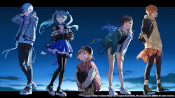 2boys 3girls aoyagi_touya azusawa_kohane bent_over black_pantyhose blue_hair clenched_hand daybreak_frontline_(vocaloid) hands_on_own_knees hatsune_miku headphones headphones_around_neck highres hugging_own_legs jacket knees kotatiyu multicolored_hair multiple_boys multiple_girls navel orange_hair pantyhose project_sekai shinonome_akito shiraishi_an skirt squatting twintails vivid_bad_squad_(project_sekai) vivid_bad_squad_miku white_hair white_sneakers