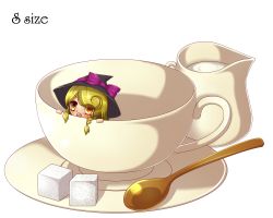 Rule 34 | 1girl, :o, blonde hair, braid, cream, cup, hat, hat ribbon, highres, in container, in cup, kakiikada, kirisame marisa, long hair, looking at viewer, mini person, minigirl, ribbon, saucer, simple background, single braid, solo, spoon, sugar cube, teacup, touhou, white background, witch hat, yellow eyes