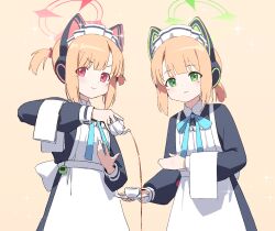 Rule 34 | 2girls, apron, black jacket, black tea, blonde hair, blue archive, closed mouth, cup, green eyes, green halo, halo, highres, holding, jacket, long sleeves, maid, maid apron, maid headdress, midori (blue archive), midori (maid) (blue archive), momoi (blue archive), momoi (maid) (blue archive), multiple girls, official alternate costume, pink halo, red eyes, revision, short hair, siblings, sisters, siu hing5262, smile, tea, twins, white apron