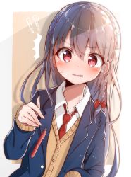 Rule 34 | !?, 1girl, ^^^, blazer, blue jacket, blush, bow, braid, brown cardigan, brown hair, cardigan, collared shirt, commentary request, dutch angle, hair between eyes, hair bow, hand up, highres, himemiya shuang, jacket, long hair, long sleeves, looking at viewer, mechanical pencil, necktie, open clothes, open jacket, original, pencil, red bow, red eyes, red necktie, shirt, solo, sweat, very long hair, white shirt