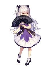 Rule 34 | 1girl, absurdres, child, choker, commentary request, covering face, dress, full body, grey hair, hair ribbon, hand fan, highres, holding, holding fan, layered dress, looking at viewer, rekaerb maerd, ribbon, romantic saga of beauty &amp; devil, skirt, socks, solo, transparent background, yellow eyes