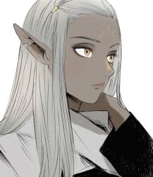 Rule 34 | 1girl, cithis, contemporary, dark-skinned female, dark elf, dark skin, dungeon meshi, elf, eyeshadow, facial mark, forehead mark, frs2, grey hair, hair tubes, highres, lipstick, long hair, looking ahead, makeup, notched ear, pointy ears, scarf, simple background, solo, white background, white scarf, yellow eyes