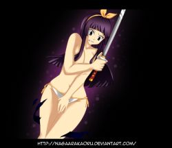Rule 34 | 1girl, angry, arm across chest, armpits, assisted exposure, bare shoulders, between legs, black background, black kimono, blush, bow, breasts, breasts squeezed together, clenched teeth, colorized, embarrassed, eyelashes, fairy tail, female focus, fingernails, gradient background, hair bow, hair ornament, hair ribbon, hand between legs, hime cut, holding, holding sword, holding weapon, japanese clothes, kagura mikazuchi, katana, kimono, large breasts, legs together, light green eyes, long hair, mashima hiro, navel, neck, no bra, open mouth, outdoors, pale skin, panties, panties only, purple hair, ribbon, shiny skin, side-tie panties, side-tie thong, sidelocks, standing, sweat, sweatdrop, sword, teeth, thighs together, thong, topless, torn clothes, traditional clothes, two-tone panties, underwear, underwear only, v-shaped eyebrows, wardrobe malfunction, weapon, white bow, white panties, white ribbon