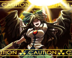 Rule 34 | 1girl, :d, ahoge, arm cannon, arm up, black hair, black wings, bow, breasts, caution, constricted pupils, energy ball, feathered wings, frilled skirt, frills, green skirt, hair bow, large breasts, long hair, open mouth, puffy short sleeves, puffy sleeves, radiation symbol, red eyes, reiuji utsuho, rence (mjyoon1452), rens (pixiv), shaded face, shirt, short sleeves, skirt, smile, solo, spread wings, sunburst, taut clothes, taut shirt, third eye, touhou, upper body, weapon, white shirt, wings