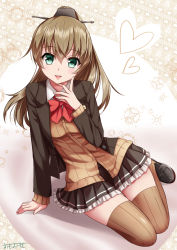 Rule 34 | 1girl, :d, arm support, bad id, bad pixiv id, black jacket, black skirt, blush, bow, bowtie, brown hair, brown thighhighs, brown vest, buttons, collared shirt, commentary request, finger to cheek, frilled skirt, frills, full body, green eyes, grey shorts, heart, highres, jacket, kantai collection, kumano (kancolle), long hair, long sleeves, looking at viewer, miniskirt, omoomomo, open clothes, open jacket, open mouth, pleated skirt, ponytail, red bow, red bowtie, remodel (kantai collection), revision, shirt, shorts, signature, sitting, skirt, smile, solo, striped clothes, striped thighhighs, tareme, thighhighs, two-tone background, vertical-striped clothes, vertical-striped thighhighs, vest, wing collar, yokozuwari, zettai ryouiki