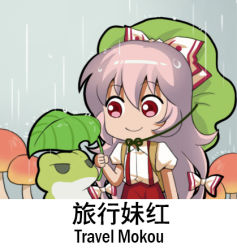 Rule 34 | 1girl, bilingual, chinese text, commentary request, cowboy shot, crossover, english text, frog, fujiwara no mokou, green hat, grey background, hat, holding, holding leaf, jokanhiyou, leaf, leaf umbrella, long hair, looking at another, lowres, mixed-language text, mushroom, pants, puffy short sleeves, puffy sleeves, rain, red eyes, red pants, shirt, short sleeves, smile, standing, suspenders, touhou, translation request, very long hair, white hair, white shirt