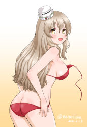 Rule 34 | 1girl, ass, bikini, brown eyes, butt crack, cowboy shot, dated, gradient background, hat, kantai collection, light brown hair, looking at viewer, masara (chuujou), mini hat, one-hour drawing challenge, open mouth, pola (kancolle), red bikini, solo, swimsuit, thick eyebrows, tilted headwear, twitter username, untied bikini, wardrobe malfunction, wavy hair, white hat, yellow background
