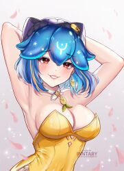 Rule 34 | 1girl, absurdres, armpits, arms up, bao (vtuber), bao (vtuber) (5th costume), blue hair, breasts, choker, cleavage, earrings, falling petals, hat, highres, indie virtual youtuber, inntary, jewelry, large breasts, leotard, pendant, petals, playboy bunny, red eyes, sideboob, solo, virtual youtuber