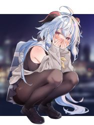 Rule 34 | 1girl, ahoge, alternate costume, armpits, bag, bare shoulders, black footwear, black pantyhose, black skirt, blue hair, blurry, blurry background, bodystocking, breasts, commentary request, covering face, depth of field, duffel bag, full body, ganyu (genshin impact), genshin impact, hands on own face, horns, loafers, long hair, long sleeves, looking at viewer, low ponytail, medium breasts, miniskirt, neckerchief, off shoulder, pantyhose, pleated skirt, purple eyes, sailor collar, school bag, shoes, skirt, sleeves past wrists, solo, squatting, tsuka, very long hair, white sailor collar, yellow neckerchief