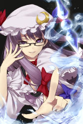 Rule 34 | 1girl, bespectacled, bow, crescent, face, female focus, fingernails, glasses, grin, hair bow, hat, kousou, long hair, magic, patchouli knowledge, pointing, purple eyes, purple hair, raised eyebrow, sidelocks, smile, smirk, solo, touhou, water