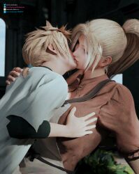 Rule 34 | 1boy, 1girl, 3d, age difference, apron, blender (medium), blonde hair, breasts, claudia strife, cloud strife, final fantasy, final fantasy vii, final fantasy vii remake, french kiss, grabbing, grabbing another&#039;s breast, groping, height difference, hetero, hidden eyes, hidden face, highres, incest, kiss, kudarizaka, large breasts, mature female, mother and child, mother and son, older woman and younger man, ponytail, short hair