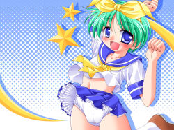 Rule 34 | 1girl, arm up, blue background, blue eyes, blue skirt, blush, brown footwear, character request, collarbone, green hair, hair ribbon, hairband, looking at viewer, navel, neckerchief, open mouth, panties, ribbon, sagano mito, school uniform, shirt, shoes, short hair, short sleeves, skirt, smile, socks, standing, standing on one leg, star (symbol), underwear, white panties, white shirt, white socks, wind, wind lift, yellow neckerchief, yellow ribbon