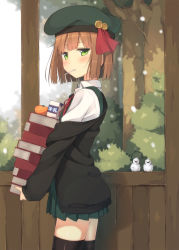 Rule 34 | 1girl, :t, bad id, bad pixiv id, beret, bird, black thighhighs, blush, bob cut, book, book stack, breasts, brown hair, cardigan, carrying, carton, cowboy shot, food, fruit, green eyes, hat, highres, holding, holding book, kinta (distortion), looking at viewer, looking back, mouth hold, off shoulder, orange (fruit), original, school uniform, short hair, skirt, small breasts, solo, thighhighs, tree, zettai ryouiki