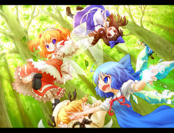 Rule 34 | 5girls, :d, arinu, blonde hair, blue eyes, blue hair, brown eyes, cirno, daiyousei, dress, green hair, grin, hair bobbles, hair ornament, ice, ice wings, in the face, letterboxed, luna child, multiple girls, open mouth, orange hair, outstretched arm, punching, short hair, smile, star sapphire, sunny milk, touhou, twintails, wings, yousei daisensou