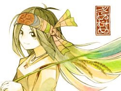 Rule 34 | 1girl, black eyes, green hair, headband, kitsune (kazenouta), original, smile, solo, wheat