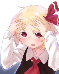 Rule 34 | 1girl, ascot, blonde hair, eyebrows, fang, gradient background, hair ribbon, hands on own head, long sleeves, looking at viewer, open mouth, pine (pine-box), red eyes, ribbon, rumia, short hair, simple background, slit pupils, solo, thick eyebrows, touhou, upper body, vest