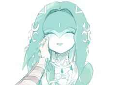 Rule 34 | 1boy, 1girl, :d, blush, closed eyes, hair ornament, hand on another&#039;s cheek, hand on another&#039;s face, hands up, happy, highres, jewelry, link, long hair, mipha, necklace, nintendo, open mouth, smile, solo focus, the legend of zelda, the legend of zelda: breath of the wild, tuki 0427, zora