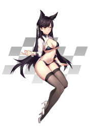 Rule 34 | 1girl, absurdres, animal ears, arm support, atago (azur lane), atago (stunning speedster) (azur lane), azur lane, bikini, black bikini, black hair, breasts, brown eyes, brown thighhighs, cleavage, extra ears, full body, high heels, highres, invisible chair, kid yishoupi, large breasts, logo, long hair, looking at viewer, mole, mole under eye, race queen, shrug (clothing), sitting, smile, solo, swimsuit, thighhighs, two-tone bikini, white background, white footwear, wolf ears, wrist cuffs