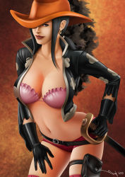 Rule 34 | 1girl, black gloves, black hair, breasts, cowboy hat, cutlass, gloves, hat, huge breasts, iury padilha, large breasts, long hair, navel, nico robin, one piece, one piece film: z, solo