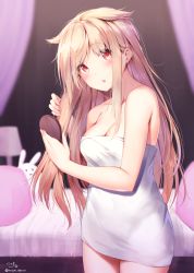 Rule 34 | 1girl, :o, absurdres, bare arms, bare shoulders, bed, blonde hair, blush, breasts, brushing hair, brushing own hair, cleavage, collarbone, female focus, hair flaps, head tilt, highres, holding, holding brush, holding hair, indoors, kantai collection, light particles, long hair, looking at viewer, medium breasts, naked towel, nyum, open mouth, pillow, red eyes, sidelocks, signature, solo, stuffed animal, stuffed rabbit, stuffed toy, thighs, towel, twitter username, water drop, wet, wet hair, yuudachi (kancolle), yuudachi kai ni (kancolle)