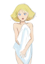 Rule 34 | 1girl, blonde hair, blue eyes, commentary request, gacha-m, gundam, looking at viewer, mobile suit gundam, sayla mass, short hair, simple background, towel, white background