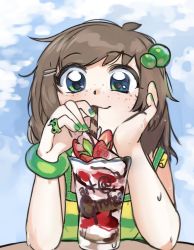 Rule 34 | 1girl, ahoge, blue background, blue eyes, blue nails, blue sky, blush, brown hair, child, chocolate, closed mouth, cloud, cloudy sky, drinking straw, eyebrows, female focus, fingernails, food, freckles, frog ring, fruit, girutea, green eyes, green hair ornament, green nails, green shirt, green wristband, hair ornament, hairclip, hand on own cheek, hand on own chin, hand on own face, hand up, head rest, highres, indie virtual youtuber, jewelry, lily hopkins, looking at viewer, looking down, messy hair, milkshake, multicolored eyes, multicolored nails, nail polish, nose blush, palms, parfait, ring, shirt, signature, simple background, sky, sleeveless, sleeveless shirt, smile, solo, strawberry, striped clothes, striped shirt, sweat, sweatdrop, upper body, wristband