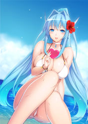 Rule 34 | 1girl, bikini, blue eyes, blue hair, blush, breasts, choker, cleavage, day, fins, flower, hair flower, hair ornament, head fins, hibiscus, jewelry, large breasts, lintanghaseo, long hair, matching hair/eyes, open mouth, original, partially submerged, pendant, shiny skin, sitting, smile, solo, strap gap, swimsuit, water, wet, white bikini