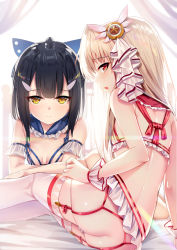 Rule 34 | 2girls, alternate costume, ass, back, bare shoulders, black hair, blonde hair, blunt bangs, blush, breasts, brown eyes, commentary request, detached collar, fate/kaleid liner prisma illya, fate (series), from behind, garter straps, hair ornament, hairclip, illyasviel von einzbern, long hair, looking at viewer, md5 mismatch, microskirt, miyu edelfelt, multiple girls, open mouth, panties, panty pull, red eyes, resolution mismatch, skirt, small breasts, smile, tagme, thighhighs, underwear, white legwear, white panties, yan (nicknikg)