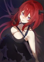 Rule 34 | 1girl, absurdres, arknights, bare shoulders, black background, black dress, breasts, cleavage, closed mouth, collarbone, detached collar, dress, female focus, from above, highres, holding, holding sword, holding weapon, horns, huge weapon, large breasts, long hair, looking at viewer, looking up, purple eyes, red hair, simple background, sleeveless, sleeveless dress, smile, solo, surtr (arknights), sword, tachibana reiya, very long hair, weapon