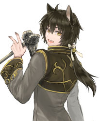 Rule 34 | 1boy, ahoge, alternate color, animal ears, animal skull, bell, black coat, black nails, bow, cat ears, coat, commentary request, from behind, grey coat, hair bell, hair bow, hair ornament, high priest (ragnarok online), holding, holding staff, jingle bell, long hair, long sleeves, looking at viewer, looking back, male focus, misuguu, multicolored coat, nail polish, open mouth, ponytail, ragnarok online, simple background, skull, solo, staff, two-tone coat, upper body, white background, white bow, yellow eyes