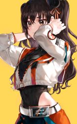 Rule 34 | 1girl, arms up, bad id, bad pixiv id, bare hips, belt, black shirt, brown eyes, brown hair, clothing cutout, cropped jacket, fresa pie, hair ornament, highres, idolmaster, idolmaster cinderella girls, jacket, leotard, leotard under clothes, long hair, long sleeves, looking at viewer, open clothes, open jacket, parted lips, ribbed shirt, sharp teeth, shirt, side cutout, simple background, solo, sunazuka akira, sweat, teeth, two side up, upper body, wavy hair, white jacket, yellow background