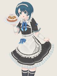 Rule 34 | 1girl, aizawa kazuha, apron, assault lily, belt, belt buckle, black dress, black thighhighs, blue bow, blue bowtie, blue eyes, blue hair, blueberry, bow, bowtie, brown background, buckle, cake, collared dress, commentary request, cowboy shot, detached sleeves, dress, food, frilled apron, frilled dress, frilled sleeves, frills, fruit, gift art, grey belt, hands up, happy birthday, heart, heart print, highres, holding, holding plate, kiwi (fruit), kiwi slice, light blush, looking at viewer, maid, maid headdress, obelisk3, official alternate costume, open mouth, plate, print apron, second-party source, short hair, short sleeves, simple background, skirt hold, smile, solo, standing, strawberry, strawberry slice, thighhighs, translated, waist apron, white apron, zettai ryouiki