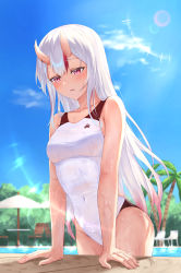 Rule 34 | 1girl, absurdres, bare arms, blue sky, blush, breasts, collarbone, competition swimsuit, covered navel, day, gradient hair, hair between eyes, highres, hololive, horns, leeshin0919, long hair, medium breasts, multicolored hair, nakiri ayame, one-piece swimsuit, open mouth, outdoors, pink hair, poolside, red eyes, skin-covered horns, sky, solo, summer, sweatdrop, swimsuit, very long hair, virtual youtuber, white hair, white one-piece swimsuit