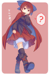 Rule 34 | 1girl, ?, black footwear, black legwear, black shirt, blue bow, boots, bow, breath, cape, clothes lift, full body, hair bow, lifting own clothes, long sleeves, looking at viewer, red eyes, red hair, red skirt, sekibanki, shirt, short hair, shorts, simple background, skirt, skirt lift, solo, spoken question mark, sportswear, tamahana, touhou