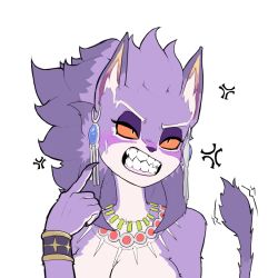 Rule 34 | 1girl, alternate form, angry, animal ears, armlet, bracelet, breasts, cat ears, cat girl, cat tail, claws, colored sclera, fangs, furry, isabella (seiken densetsu 3), jewelry, necklace, purple fur, purple hair, seiken densetsu, seiken densetsu 3, slit pupils, smile, tail, yellow sclera