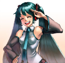 Rule 34 | 1girl, detached sleeves, closed eyes, green hair, hatsune miku, smile, solo, twintails, vocaloid, yapo (croquis side)