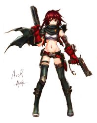 Rule 34 | 1girl, absurdres, arc the lad iii, bandages, breasts, cheryl (arc the lad), dual wielding, gloves, gun, highres, holding, official art, red hair, short hair, short shorts, shorts, simple background, solo, thighhighs, weapon, white background